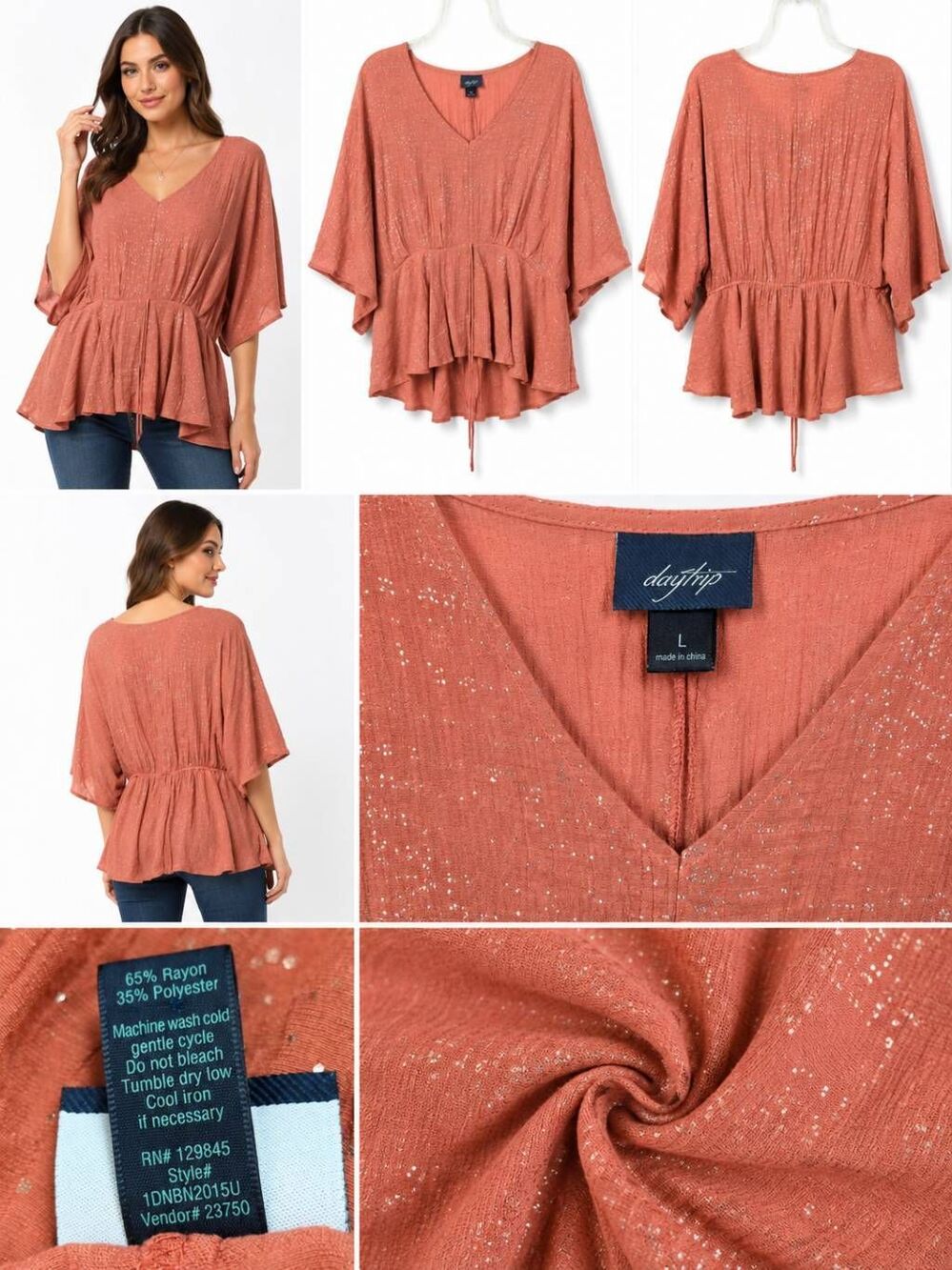Daytrip Size L Coral Metallic Peplum Kimono Blouse